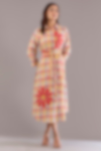 Coral & Ochre Pure Linen Applique Embroidered Midi Vacation Dress by Linen Bloom at Pernia's Pop Up Shop