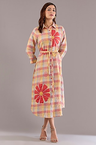 Coral & Ochre Pure Linen Applique Embroidered Midi Dress by Linen Bloom
