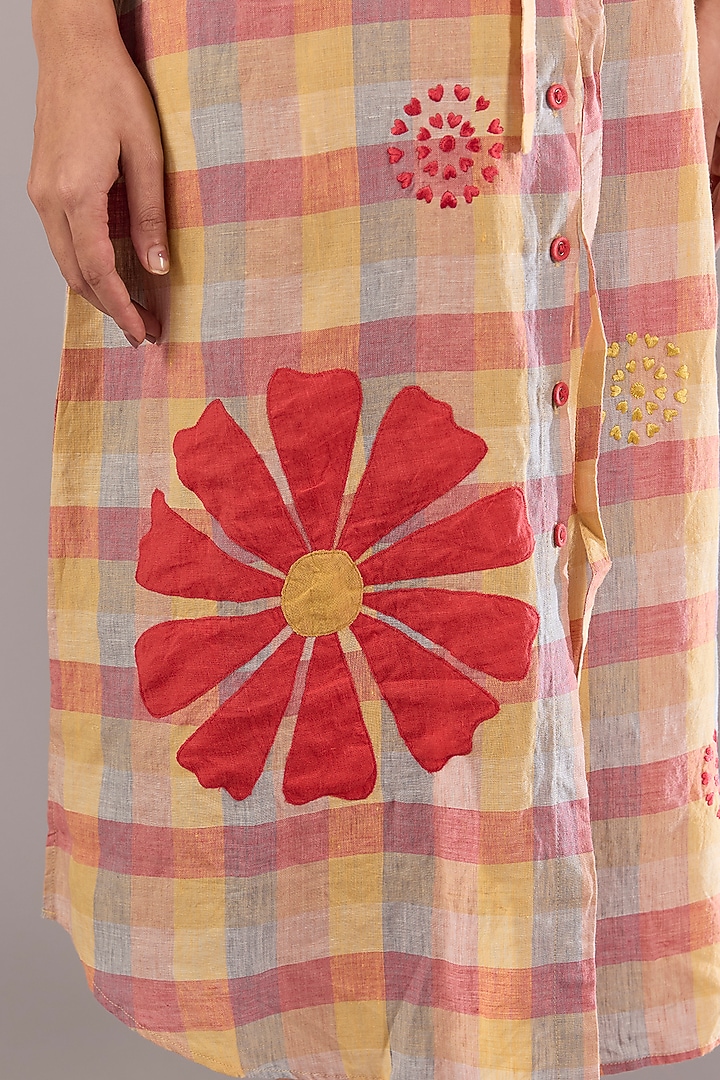 Coral & Ochre Pure Linen Applique Embroidered Midi Vacation Dress by Linen Bloom at Pernia's Pop Up Shop