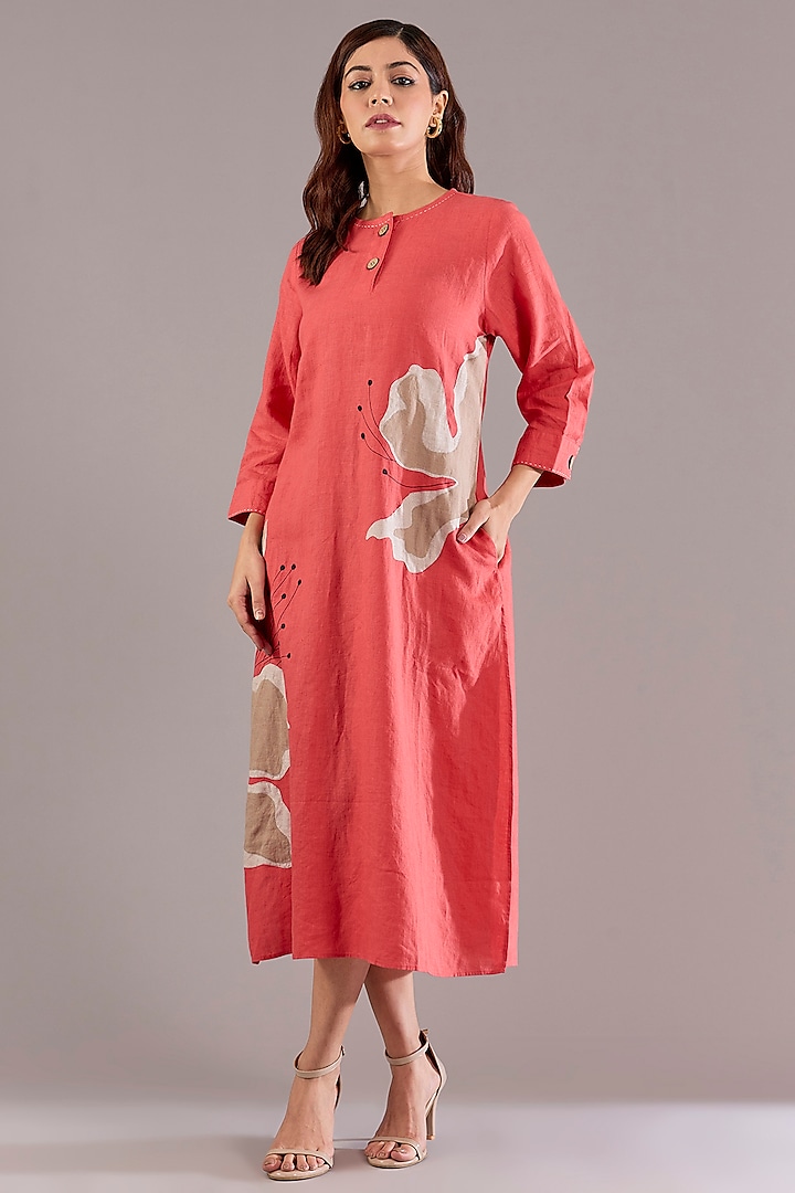 Coral Pure Linen Applique Embroidered Midi Vacation Dress by Linen Bloom at Pernia's Pop Up Shop