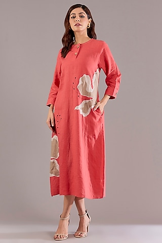 Coral Pure Linen Applique Embroidered Midi Dress by Linen Bloom