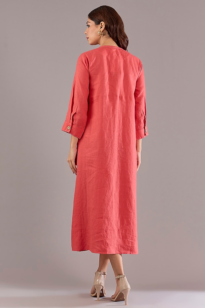 Coral Pure Linen Applique Embroidered Midi Vacation Dress by Linen Bloom at Pernia's Pop Up Shop