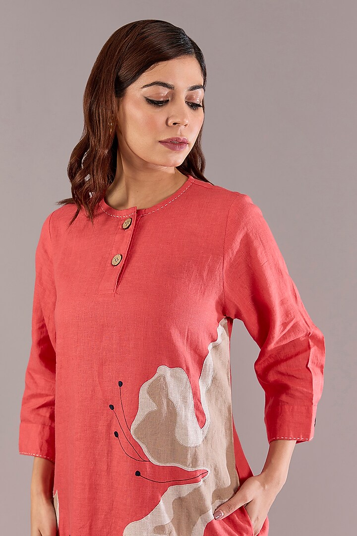Coral Pure Linen Applique Embroidered Midi Vacation Dress by Linen Bloom at Pernia's Pop Up Shop