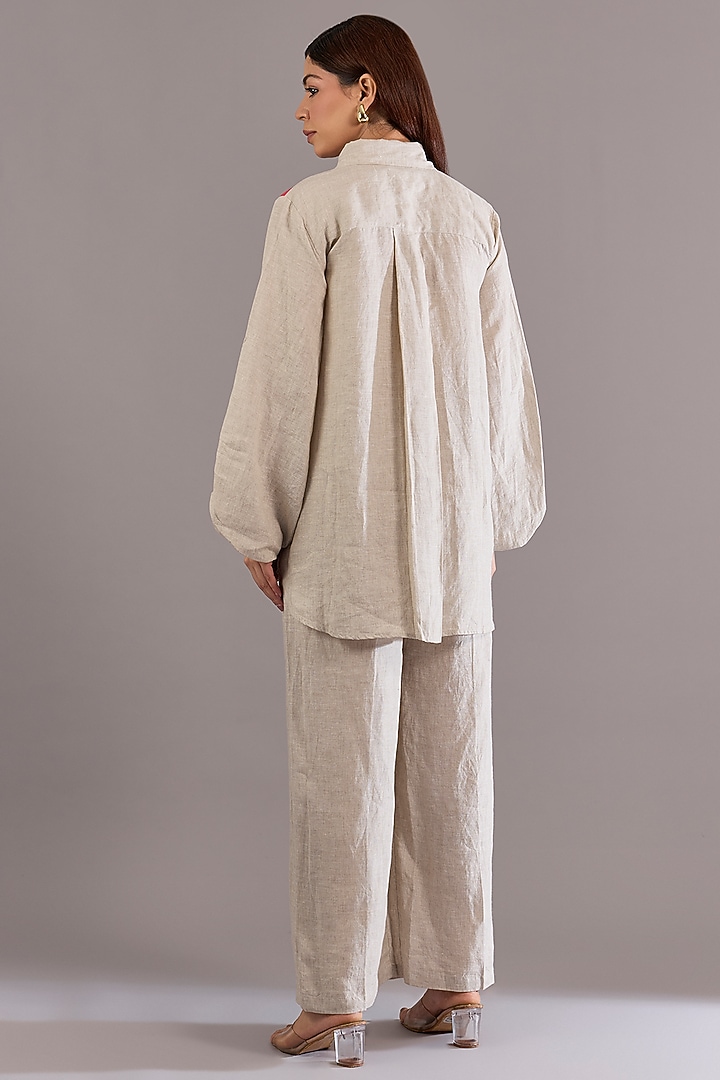 Beige Linen Floral Embroidered Shirt by Linen Bloom at Pernia's Pop Up Shop