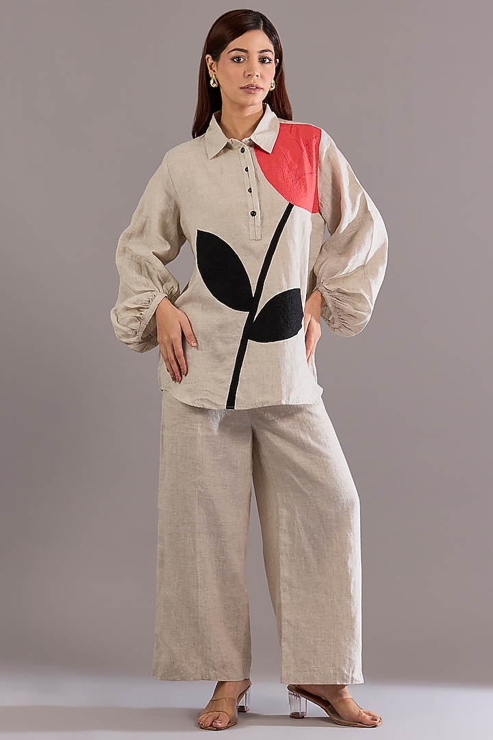 Beige Linen Floral Embroidered Shirt by Linen Bloom at Pernia's Pop Up Shop