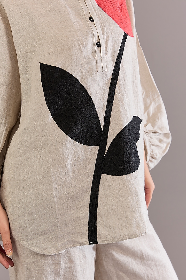 Beige Linen Floral Embroidered Shirt by Linen Bloom at Pernia's Pop Up Shop