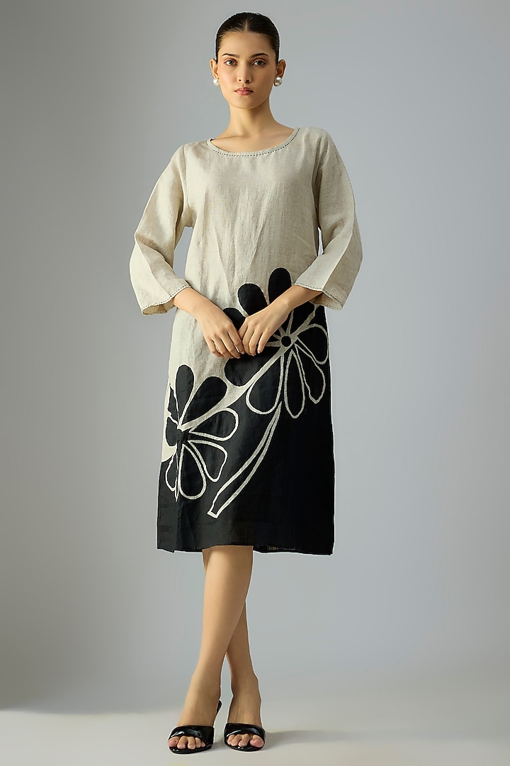 Black & Beige Linen Floral Embroidered Tunic Vacation Dress by Linen Bloom at Pernia's Pop Up Shop