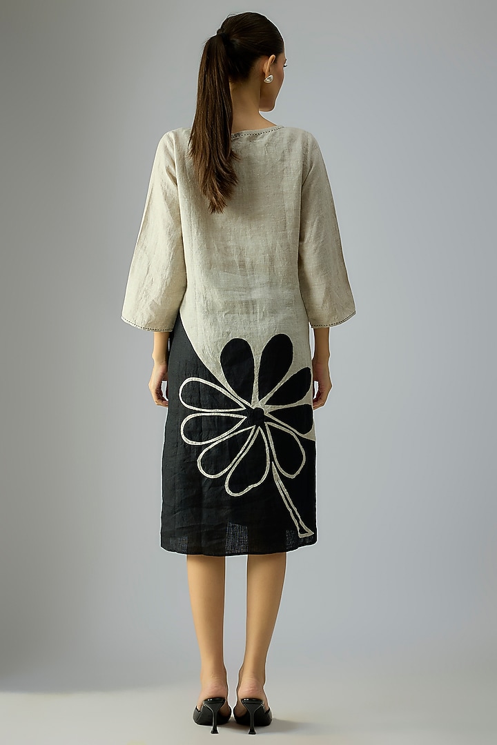 Black & Beige Linen Floral Embroidered Tunic Vacation Dress by Linen Bloom at Pernia's Pop Up Shop