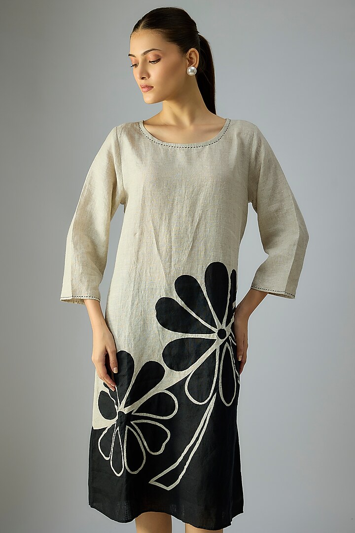 Black & Beige Linen Floral Embroidered Tunic Vacation Dress by Linen Bloom at Pernia's Pop Up Shop