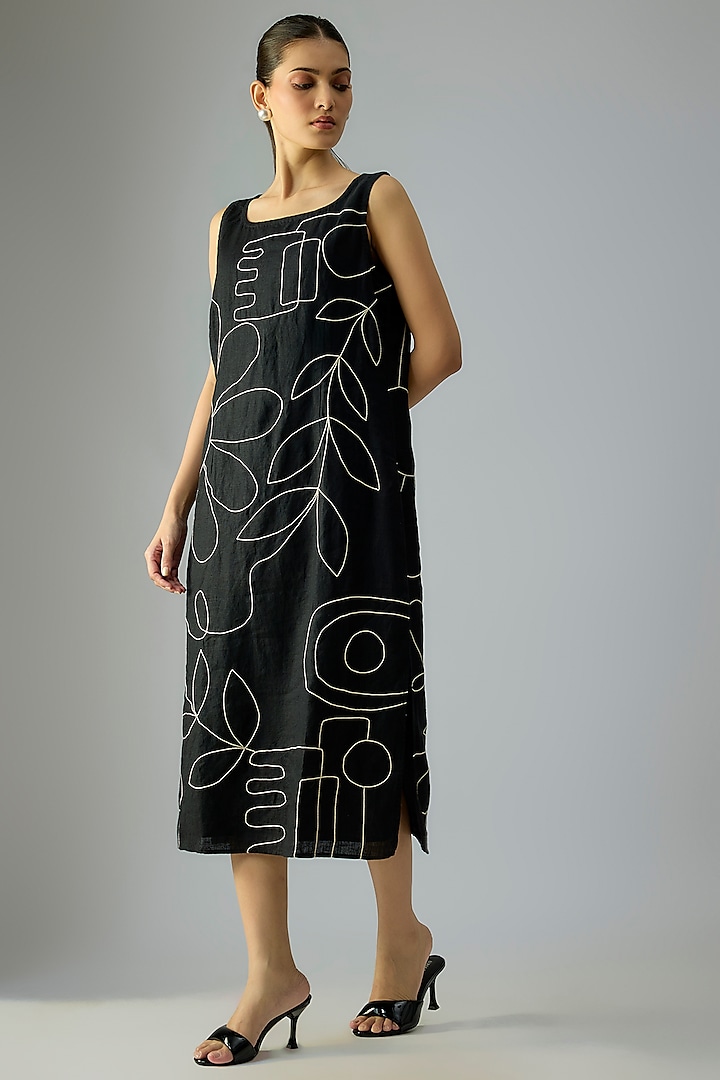 Black Linen Dori Embroidered Sleeveless Vacation Dress by Linen Bloom at Pernia's Pop Up Shop