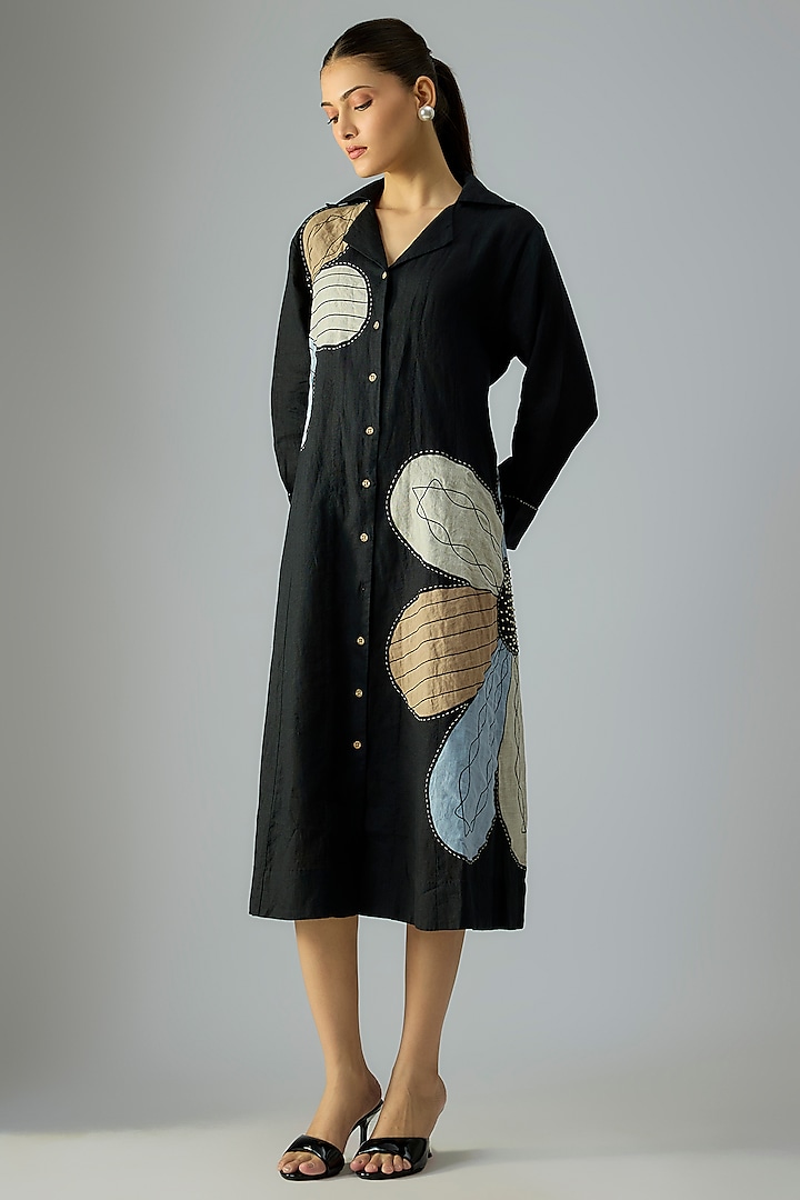Black Linen Floral Applique Embroidered Vacation Dress by Linen Bloom at Pernia's Pop Up Shop