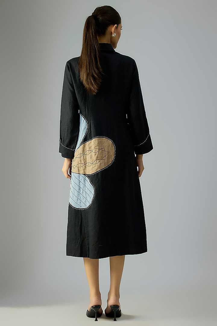 Black Linen Floral Applique Embroidered Vacation Dress by Linen Bloom at Pernia's Pop Up Shop
