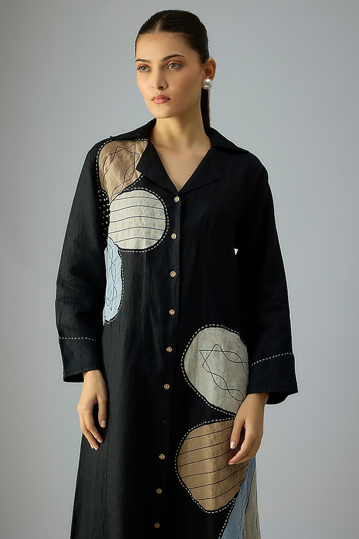 Black Linen Floral Applique Embroidered Vacation Dress by Linen Bloom at Pernia's Pop Up Shop