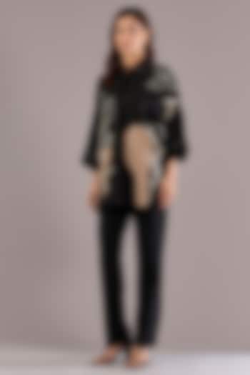 Black Pure Linen Applique Embroidered Shirt by Linen Bloom at Pernia's Pop Up Shop