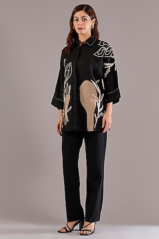 Black Pure Linen Applique Embroidered Shirt by Linen Bloom