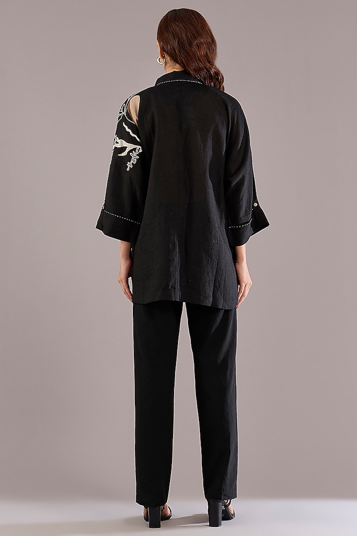 Black Pure Linen Applique Embroidered Shirt by Linen Bloom at Pernia's Pop Up Shop