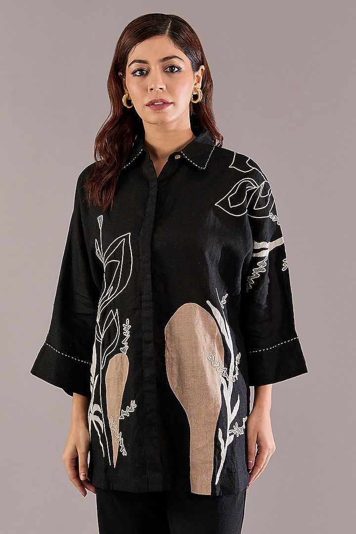 Black Pure Linen Applique Embroidered Shirt by Linen Bloom at Pernia's Pop Up Shop