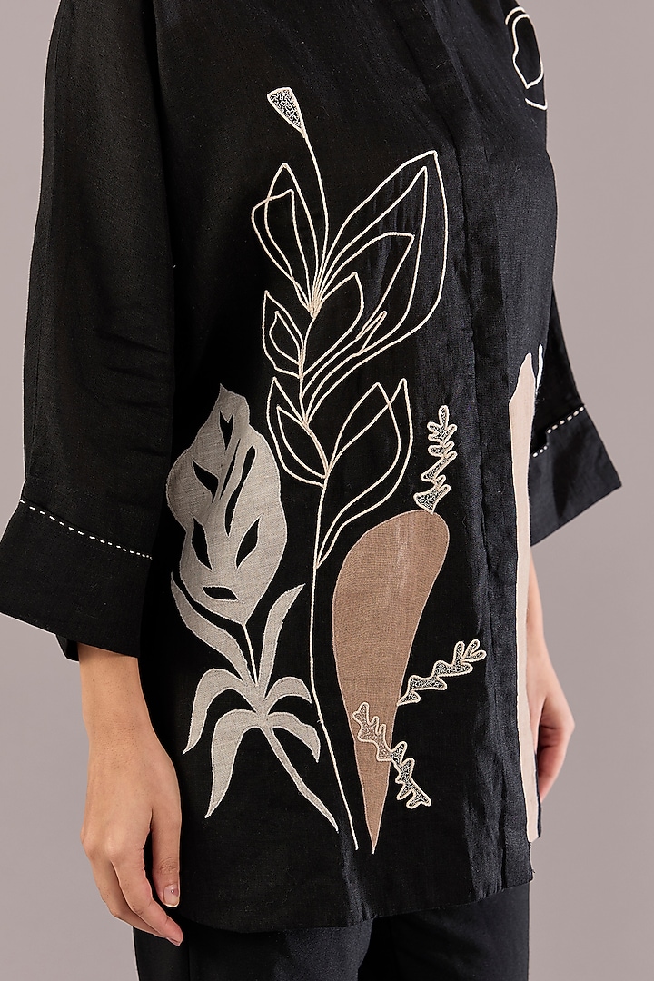 Black Pure Linen Applique Embroidered Shirt by Linen Bloom at Pernia's Pop Up Shop