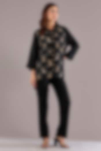 Black Pure Linen Kantha Embroidered Shirt by Linen Bloom at Pernia's Pop Up Shop