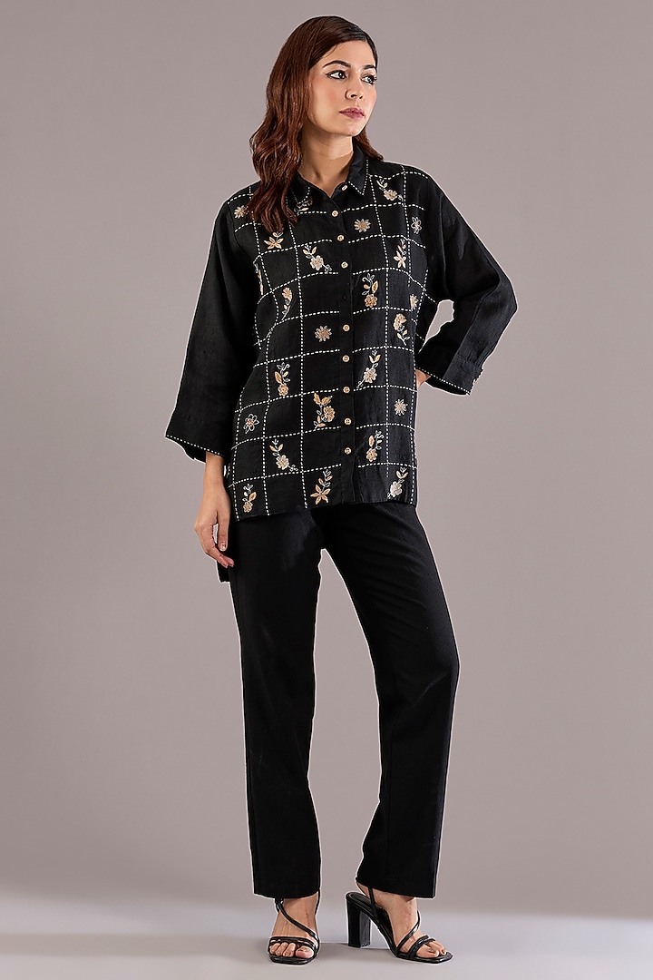 Black Pure Linen Kantha Embroidered Shirt by Linen Bloom at Pernia's Pop Up Shop