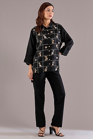 Black Pure Linen Kantha Embroidered Shirt by Linen Bloom