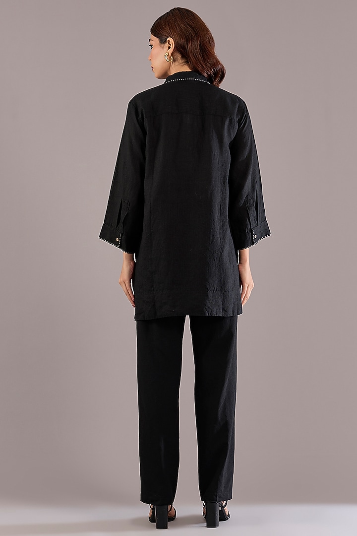 Black Pure Linen Kantha Embroidered Shirt by Linen Bloom at Pernia's Pop Up Shop