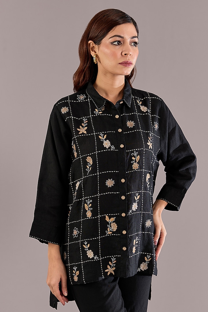 Black Pure Linen Kantha Embroidered Shirt by Linen Bloom at Pernia's Pop Up Shop