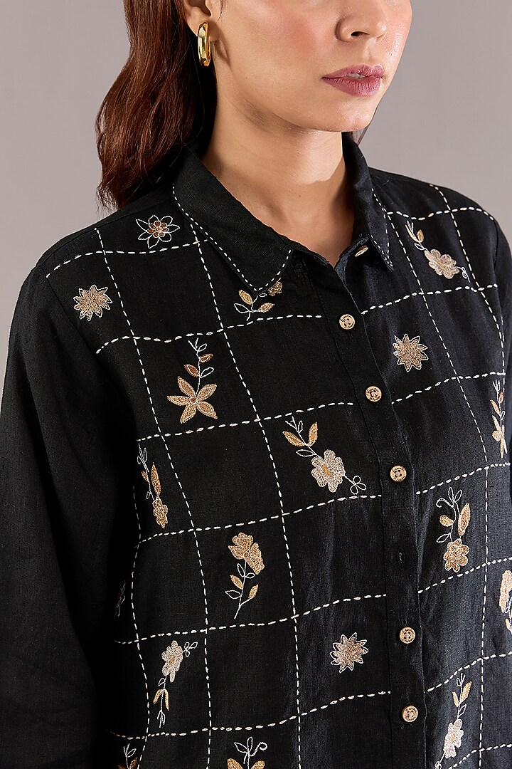 Black Pure Linen Kantha Embroidered Shirt by Linen Bloom at Pernia's Pop Up Shop