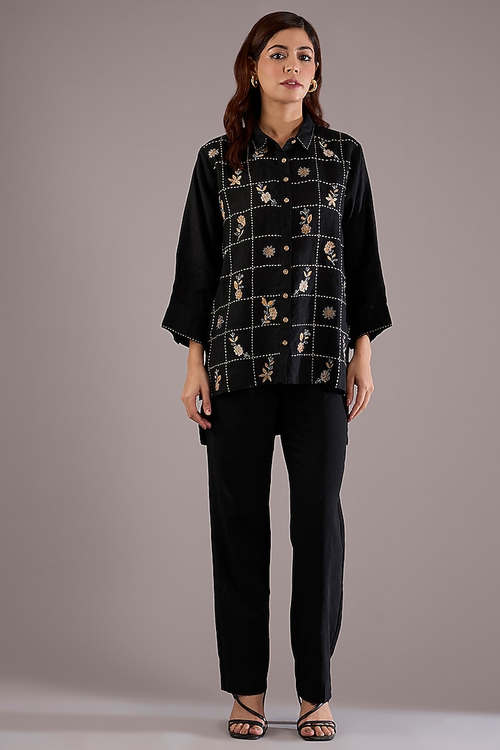 Black Pure Linen Kantha Embroidered Shirt by Linen Bloom at Pernia's Pop Up Shop