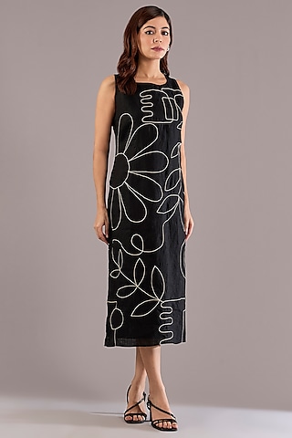 Black Pure Linen Floral Dori Work Midi Dress by Linen Bloom