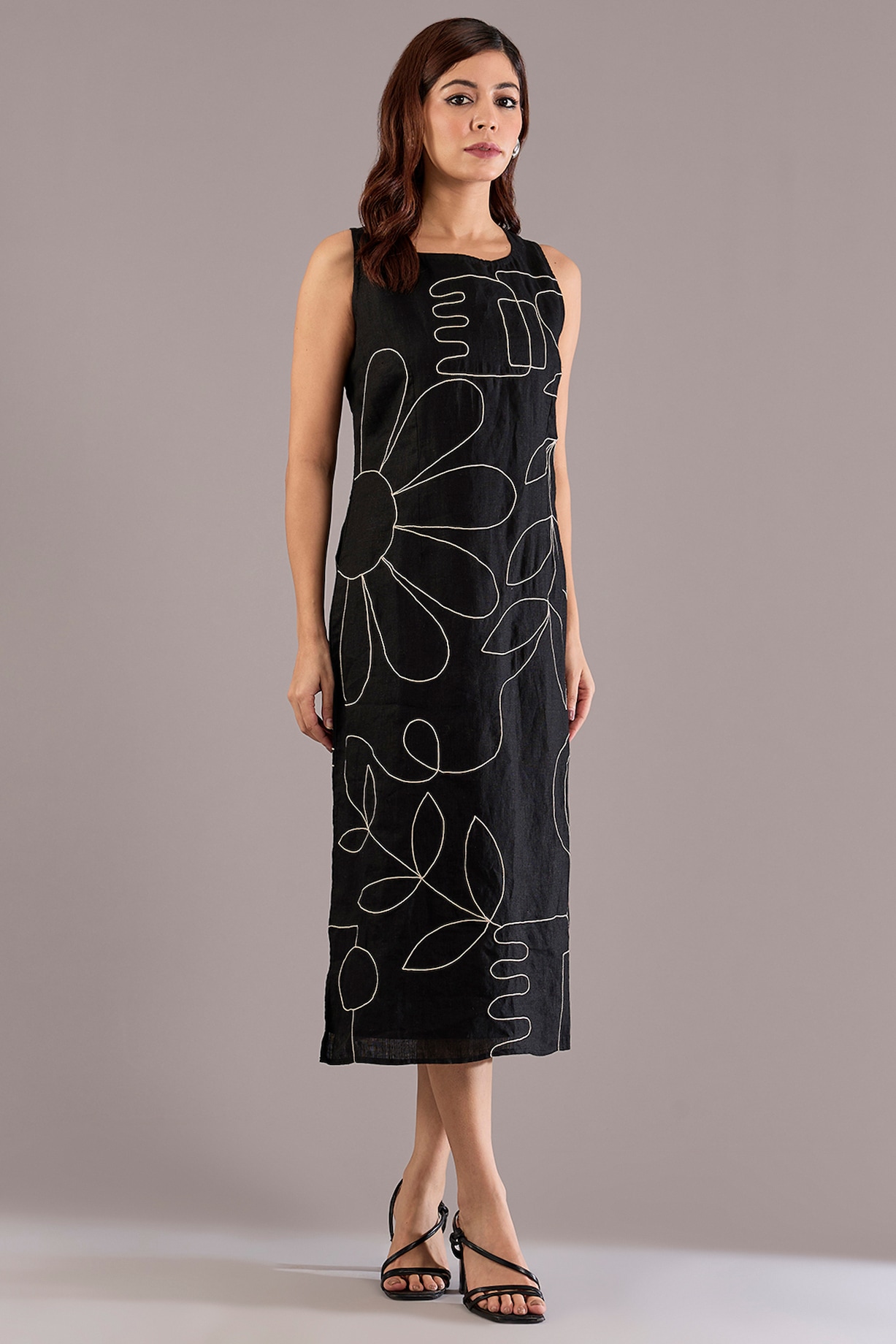Pernia's Pop Up Shop - Linen Bloom Women Black Pure Linen Floral Dori Work Midi Dress Pernia's Pop Up Shop - Linen Bloom Women Black Pure Linen Floral Dori Work Midi Dress