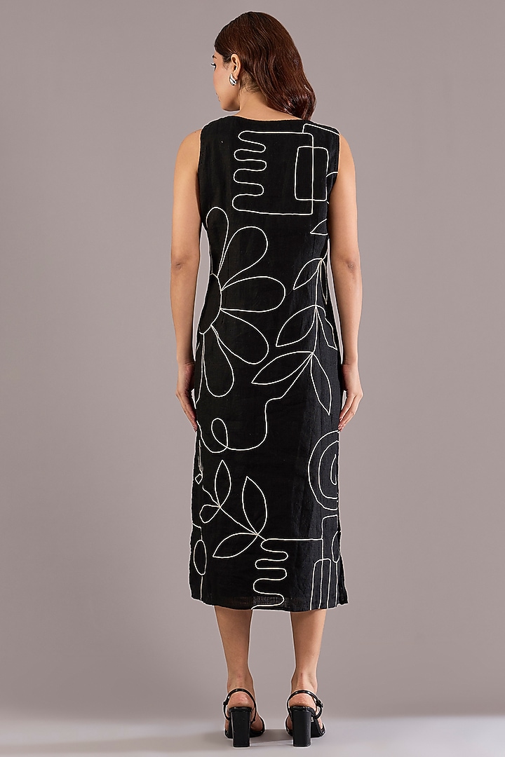 Black Pure Linen Floral Dori Work Midi Vacation Dress by Linen Bloom at Pernia's Pop Up Shop