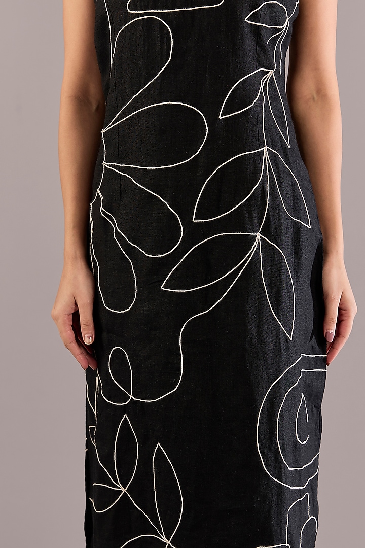 Black Pure Linen Floral Dori Work Midi Vacation Dress by Linen Bloom at Pernia's Pop Up Shop