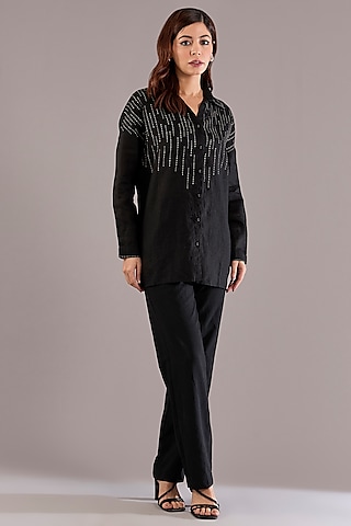 Black Pure Linen Kantha Work Shirt by Linen Bloom