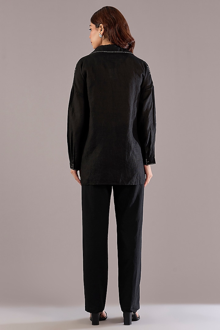 Black Pure Linen Kantha Work Shirt by Linen Bloom at Pernia's Pop Up Shop