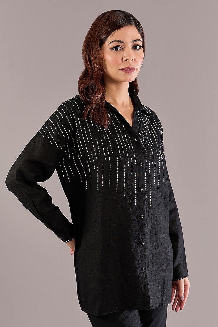 Black Pure Linen Kantha Work Shirt by Linen Bloom at Pernia's Pop Up Shop