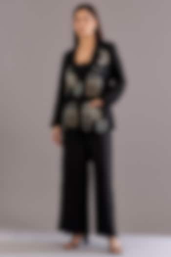 Black Linen Embroidered Blazer by Linen Bloom at Pernia's Pop Up Shop