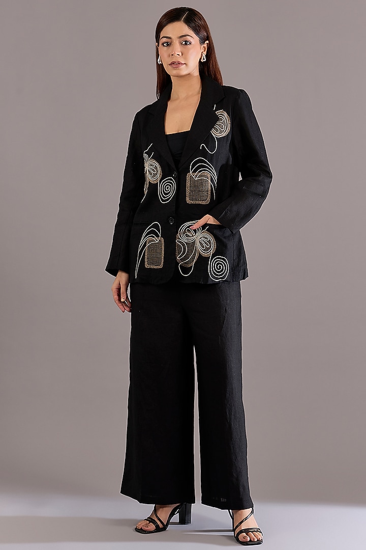 Black Linen Embroidered Blazer by Linen Bloom at Pernia's Pop Up Shop