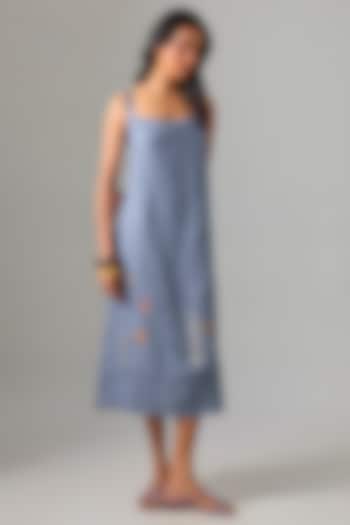 Mid Blue Linen Embroidered Vacation Dress by Linen Bloom at Pernia's Pop Up Shop