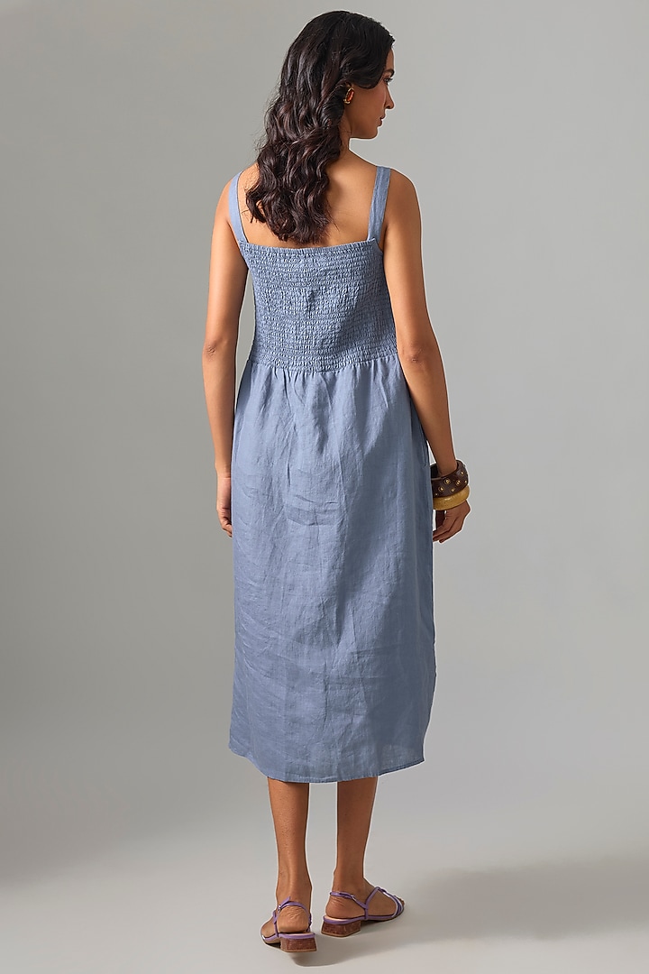 Mid Blue Linen Embroidered Vacation Dress by Linen Bloom at Pernia's Pop Up Shop