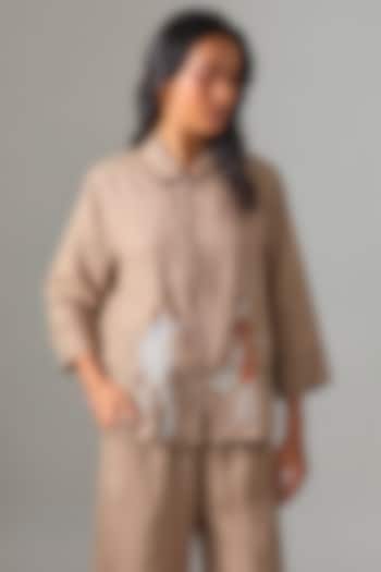Khaki Linen Embroidered Shirt by Linen Bloom at Pernia's Pop Up Shop