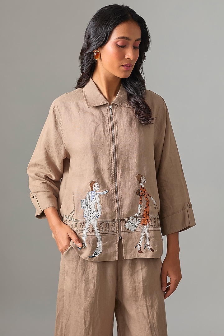 Khaki Linen Embroidered Shirt by Linen Bloom at Pernia's Pop Up Shop