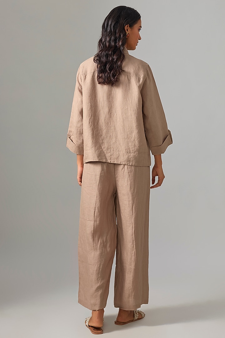 Khaki Linen Embroidered Shirt by Linen Bloom at Pernia's Pop Up Shop