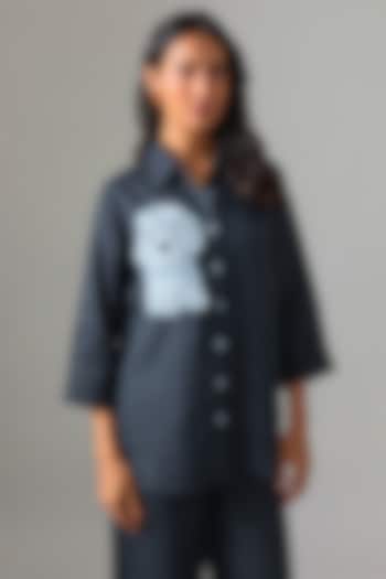 Navy Blue Linen Embroidered Shirt by Linen Bloom at Pernia's Pop Up Shop