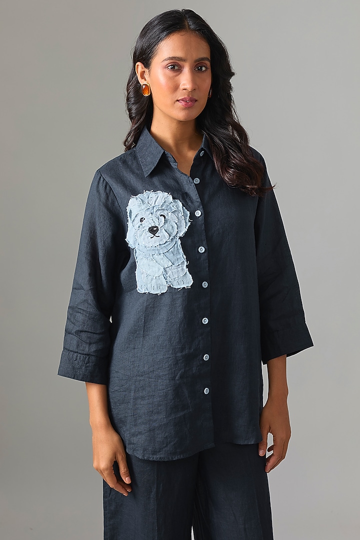 Navy Blue Linen Embroidered Shirt by Linen Bloom at Pernia's Pop Up Shop