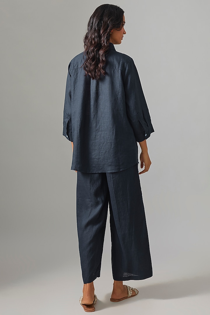 Navy Blue Linen Embroidered Shirt by Linen Bloom at Pernia's Pop Up Shop