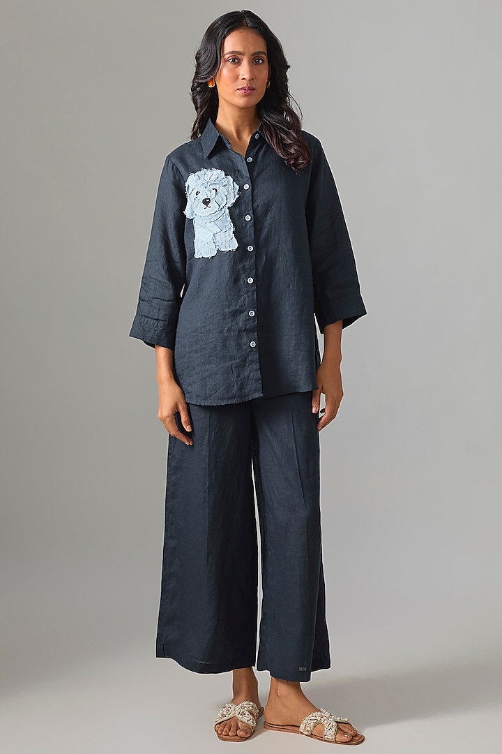 Navy Blue Linen Embroidered Shirt by Linen Bloom at Pernia's Pop Up Shop