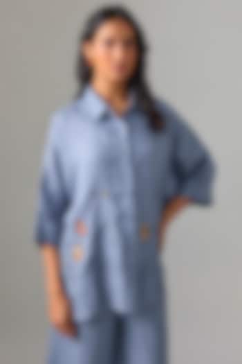 Mid Blue Linen Embroidered Shirt by Linen Bloom at Pernia's Pop Up Shop