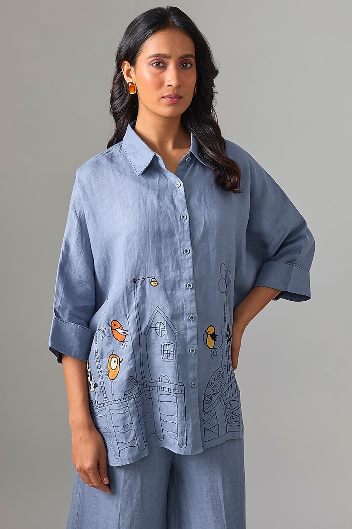 Mid Blue Linen Embroidered Shirt by Linen Bloom at Pernia's Pop Up Shop