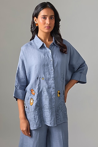 Mid Blue Linen Embroidered Shirt by Linen Bloom